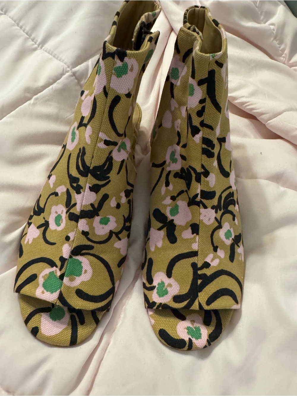 Marimekko Olive, Pink & Black Floral Canvas Peep-Toe Booties - Picture 1 of 9